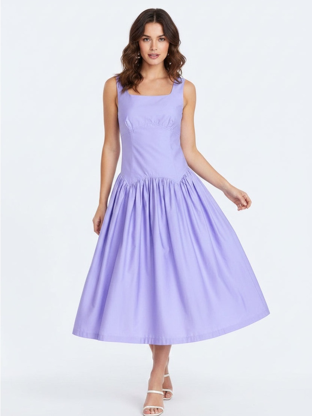 Square-Neck Lavender Midi Dress with Gathered Skirt